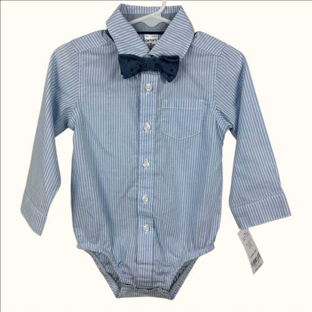 Carter’s Baby Dress Shirt Bodysuit w/ Bow Tie Blue Striped 18M NWT